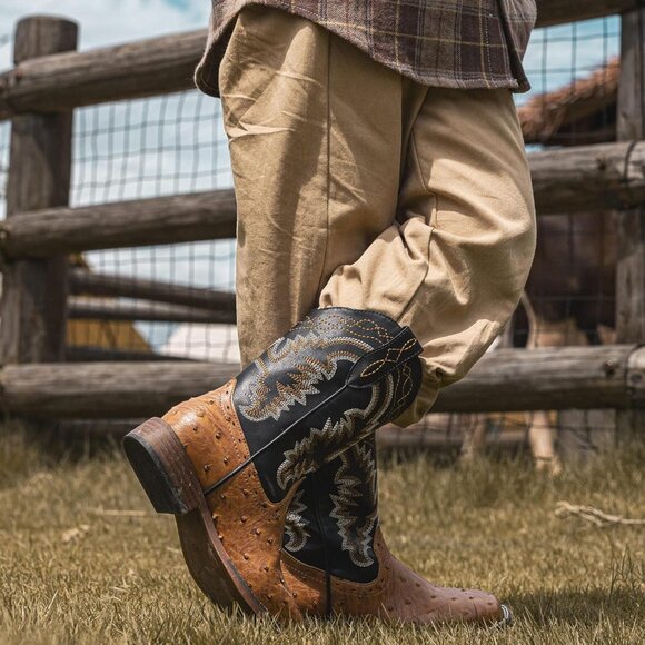 ⚡Kid Brown Ostrich Synthetic Cowboy Riding Shoes Square Toe Wide Calf Boot - Picture 6 of 6